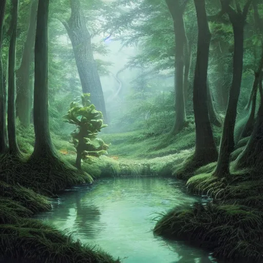 Prompt: a quiet stream deep in an enchanted forest in the style of micheal whelan