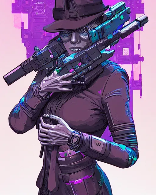 Prompt: A cybernetic witch wielding two Glock pistols, bust shot, smooth, intricate, elegant, power aura, digital painting, artstation, concept art, sharp focus, illustration, art by Josan Gonzalez, high contrast