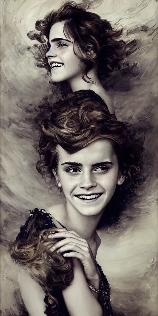 Image similar to emma watson smiling smiling smiling detailed portrait curly updo wet hair painting by gaston bussiere craig mullins j. c. leyendecker photograph by richard avedon peter lindbergh annie leibovitz