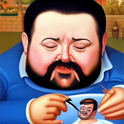 Image similar to Fernando Botero painting of Ricky Gervais relaxing and smoking weed, high definition art, extremely detailed