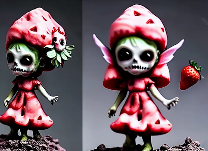 Prompt: a very sad femo figurine of a cute funny undead strawberry fairy zombie with bandages wearing a dirty floral torn strawberry dress featured on bloodborne by beksinski and gamesworkshop, carrying survival gear, wearing strawberry backpack, shambling aimlessly, dark foreboding atmosphere, 🎀 🧟 🍓 🧚