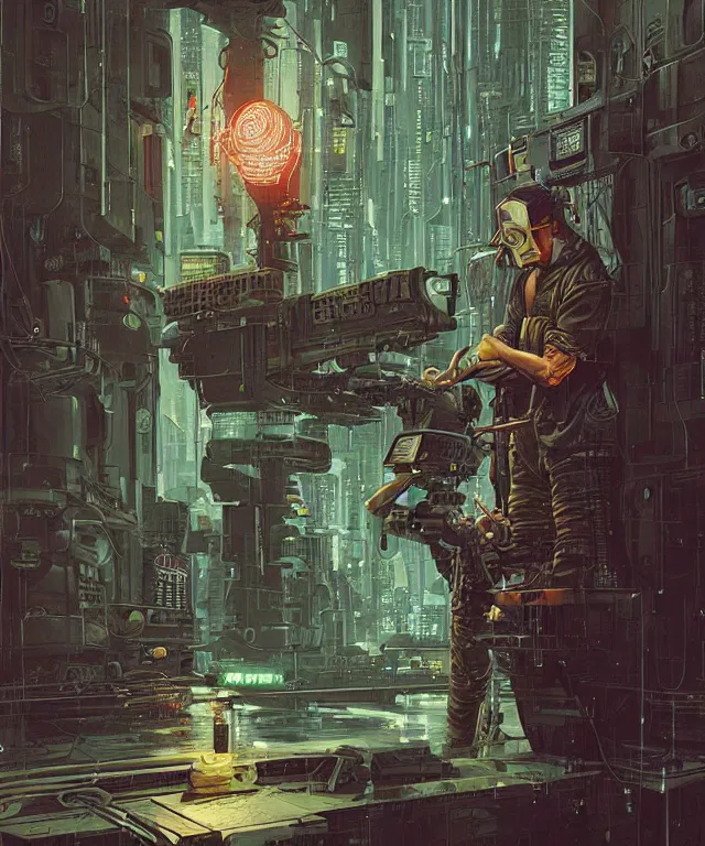 Image similar to a painting of a man holding a machine in his hands, cyberpunk art by les edwards and by michael whelan and by dan mumford, cgsociety, neoplasticism, lovecraftian, future tech, circuitry