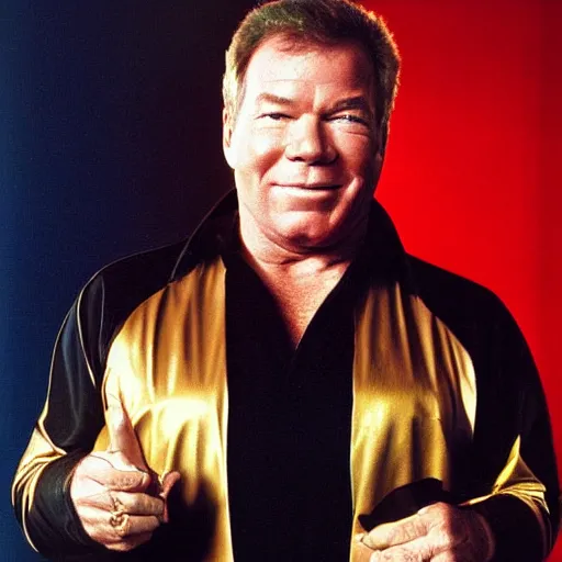 Prompt: william shatner wearing a gold shirt with black collar, digitla art