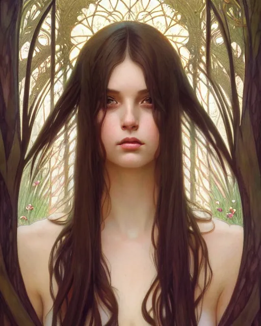 Prompt: symmetry portrait of brunette princess, glam, fae, glass skin, forest background, intricate, elegant, highly detailed, digital painting, artstation, concept art, smooth, sharp focus, illustration, art by artgerm and greg rutkowski and fra angelico and alphons mucha