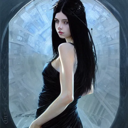 Image similar to portrait of teenage girl with long glossy black hair, blue eyes, glowing skin, fashion model features, fantasy, intricate, elegant, black dress, highly detailed, digital painting, artstation, concept art, smooth, sharp focus, illustration, art by Krenz Cushart and Artem Demura and alphonse mucha