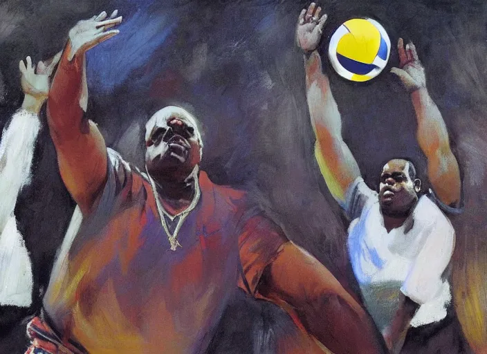 Image similar to a highly detailed beautiful portrait of notorious big playing voleyball, by gregory manchess, james gurney, james jean