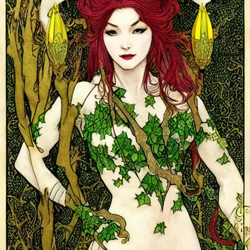 Image similar to a beautiful tarot card of poison ivy as a medieval chinese princess, dark eyeliner, intricate, elegant, highly detailed, digital painting, artstation, concept art, matte, sharp focus, illustration, art by rebecca guay and by arthur rackham and by alphonse mucha and by john william waterhouse