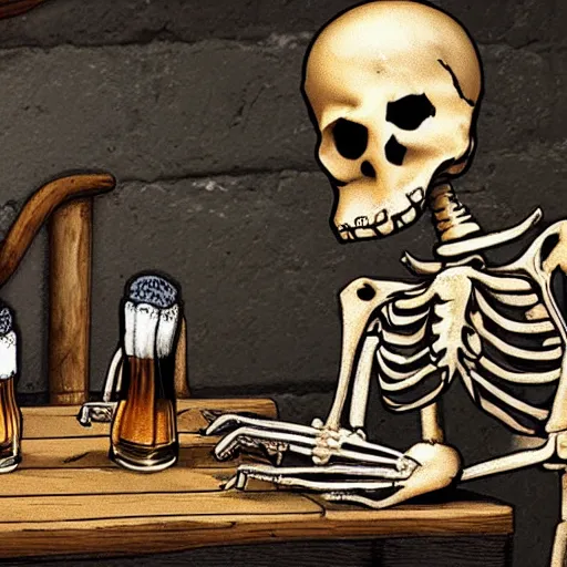Prompt: Photo of a Skeleton drinking beer in a medieval tavern. Beer is spilling all over