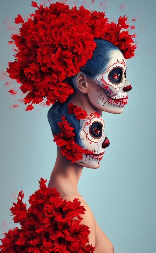 Prompt: a red oil painting hyperrealism of a beautiful woman on a white background, flowers, dia de los muertos makeup, floral headdress, 8 k resolution, octane render, trending on artstation, by gediminas pranckevicius, volumetric light 2 blue fractal thunder glow by dan mumford, anaglyph effect, laurie lipton