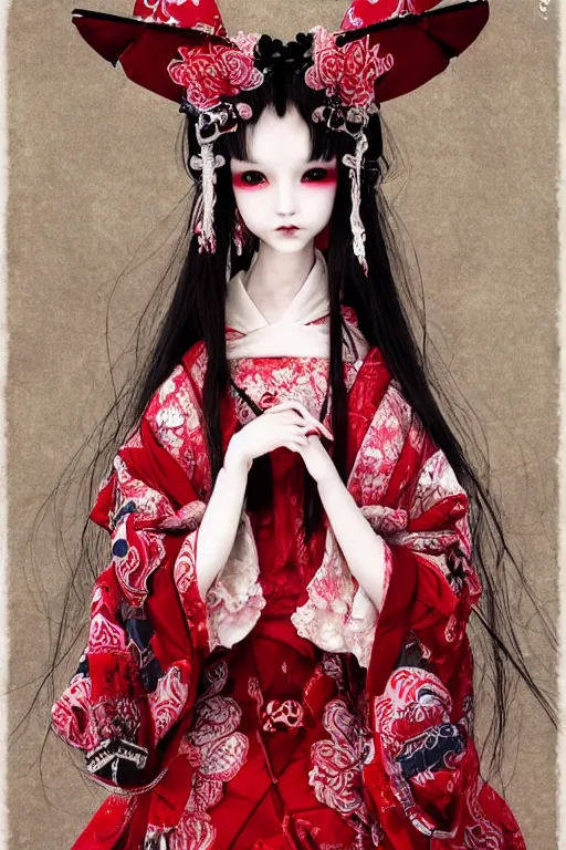 Image similar to high angle photo an avant - garde japanese bjd geisha vampire queen in a victorian lolita fashion red dress in the style of lovecraftian horror painted by yoshitaka amano, takato yamamoto, ayami kojima, dmt art, symmetrical vogue face portrait, intricate detail, artstation, cgsociety, artgerm, rococo