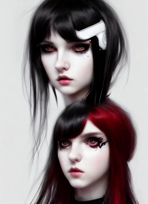 Image similar to portrait of white teenage girl, normal face, black bangs, mall goth, cyberlox, black and white hair, bangs, fluffy bangs, red contacts, intricate, elegant, highly detailed, digital painting, artstation, concept art, sharp focus, smooth, illustration, art by wlop, mars ravelo and greg rutkowski