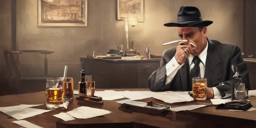 Image similar to beautiful oil matte portrait painting, mafia boss holding a cigar and drinking whiskey at his 5 0 s new york office desk, wonderful masterpiece highly detailed, beautiful cinematic light deep focus, elegant, digital painting, smooth, sharp focus, golden ratio, dramatic illumination, ultra realistic, 8 k, art by jimmy law