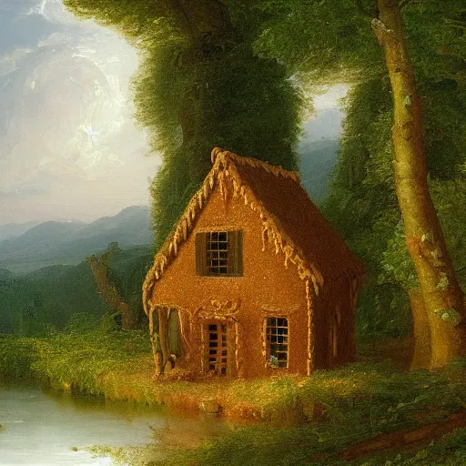 Prompt: an oil painting of a gingerbread house in the forest, by thomas cole, ivan shiskin, and james gurney