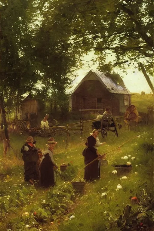 Image similar to simple amish farmers tending to their cottage vegetable gardens, art by anders zorn, wonderful masterpiece by greg rutkowski, beautiful cinematic light, american romanticism thomas lawrence, greg rutkowski