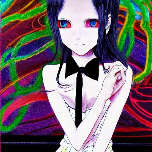 Prompt: yoshitaka amano realistic illustration of an anime girl with black eyes and long wavy white hair wearing dress suit with tie and surrounded by abstract junji ito style patterns in the background, blurry and dreamy illustration, 1 9 9 0 s anime color palette, noisy film grain effect, highly detailed, oil painting with expressive brush strokes, weird portrait angle