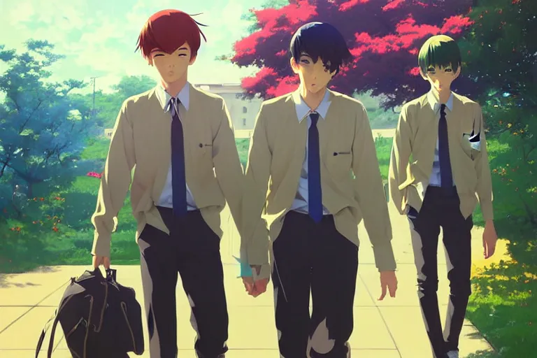 Image similar to boy's love anime high school spring noon scene, high detail concept art, perfect proportions fine face, tall handsome guys, close together romantic undertones, avant designer uniform, vivid colors, realistic shaded lighting poster fantasy art ilya kuvshinov, kyoani, katsuhiro, jeremy lipking and michael germash, makoto shinkai, loish, best selling artist