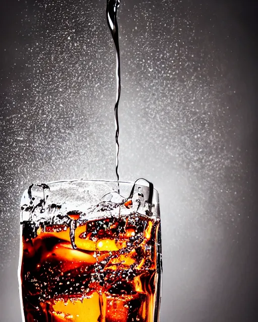 a glass cup shattering filled with Coca Cola, food Stable Diffusion