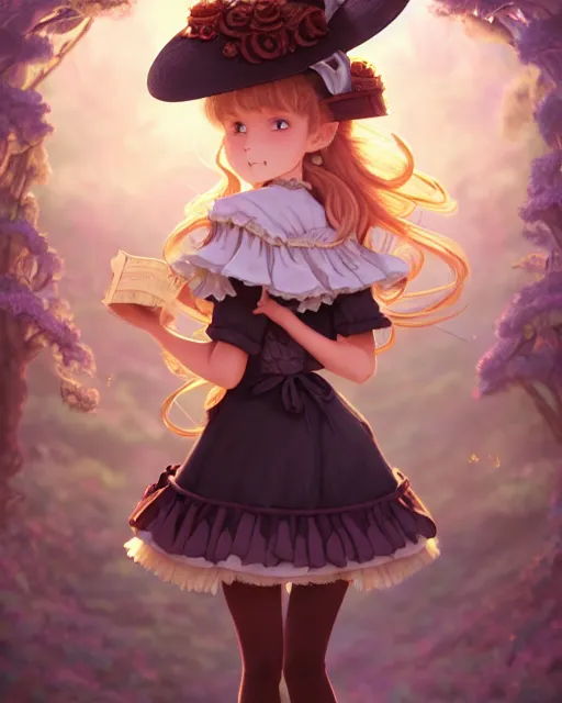 Prompt: a girl as ( fantasy personification of chocolate cupcake ), character design, cute hats, victorian inspired clothing, unreal engine, highly detailed, smooth, digital illustration by artgerm, studio ghibli, sharp focus, artstation. ribbons, fractal swirls. bakery background by studio ghibli, makoto shinkai, global illumination, blender, maya 8 k