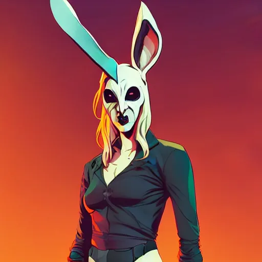 Prompt: style of Jaime McKelvie and Joshua Middleton comic book art, cinematic lighting, realistic, bunny mask female villain holding a bloody knife, The Purge, standing in an alleyway, full body sarcastic pose, knee high socks, symmetrical body, realistic body, night, horror
