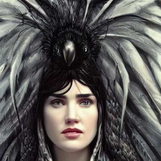 Image similar to young innocent jennifer connelly as alien bird - woman, gray skin, wearing black hooded cloak, huge wings, black feathers instead of hair, black feathers growing out of skin, bumpy skin, screaming, losing control, black feathers growing out of face, black hands with black claws, comic book, giger, mucha, trending on artstation