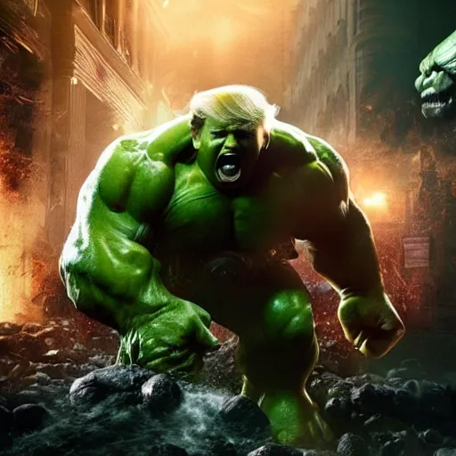 Image similar to ' donald trump as the hulk in gears of war, splash art, movie still, detailed face, maga, cinematic lighting, dramatic, octane render, long lens, shallow depth of field, bokeh, anamorphic lens flare, 8 k, hyper detailed, 3 5 mm film grain