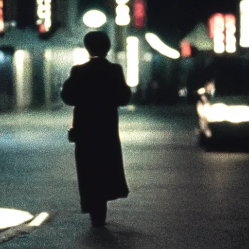 Prompt: lonely walk at midnight, movie by wong kar-wai