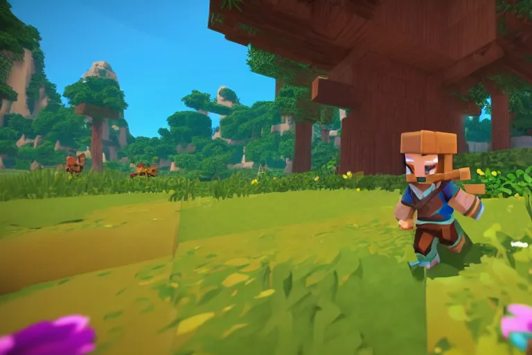 Image similar to Hytale Gameplay, Kweebec running through a forest, depth of field shot