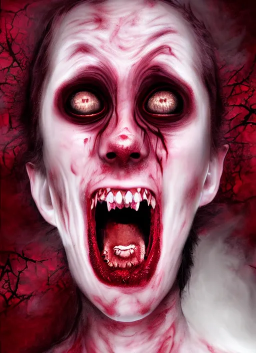 Image similar to dramatic dark red matte portrait painting of screaming insane woman with black mandelbrot fractal instead of face, horror, body horror, dark art, 4 k, detailed, realistic, psychotic, insane, crazy, mental illness, dramatic,