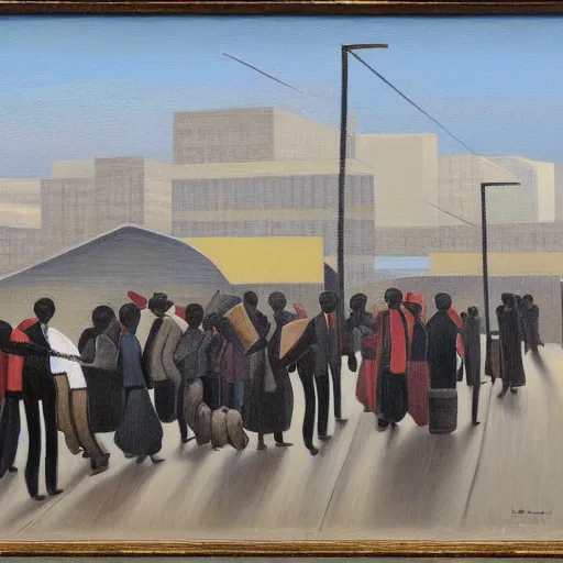 Image similar to painting of south african commuters heading to the central business district of johannesburg, painted by laurence stephen lowry, oil on canvas, national gallery