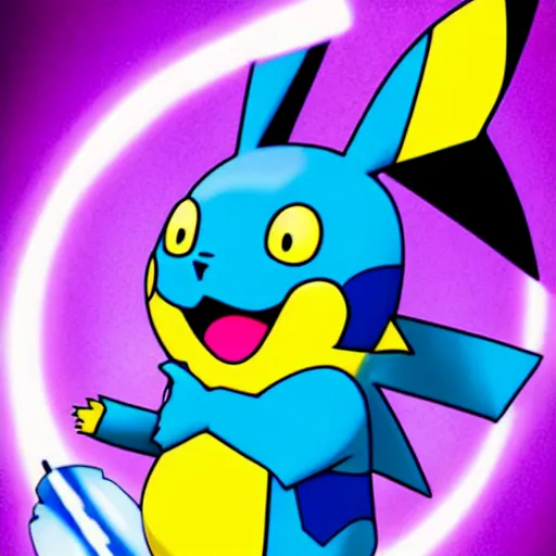 Prompt: a blue pikachu shooting bright electric lightning out of his ears in the style of pokemon anime def 8 k