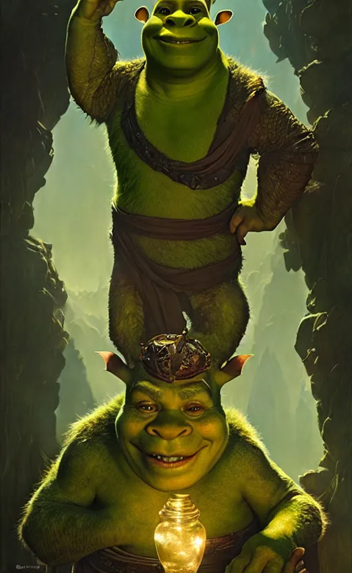 Image similar to shrek dragon gorgeous lighting by weta studio, mucha, bautista and norman rockwell and greg rutkowski and tom bagshaw and james gurney and lucasfilm