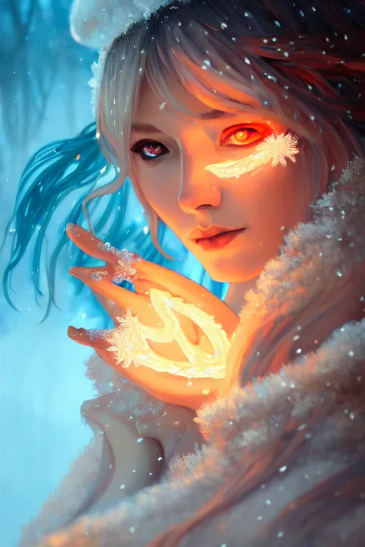 Image similar to beautiful ancient frost witch, fire i eye, snow glow, pool party, highly detailed, digital painting, artstation, sharp focus, illustration, art by tan zi and ayanamikodon and alphonse mucha and wlop