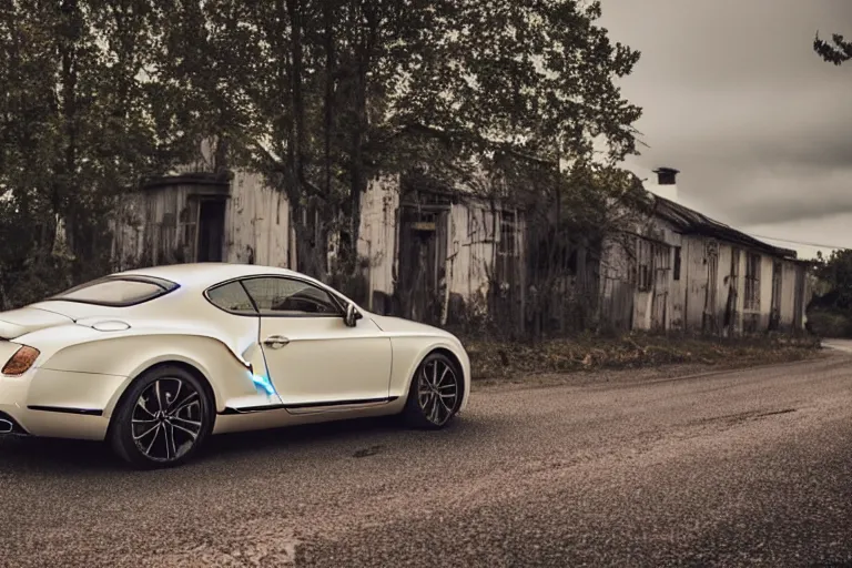 Image similar to modern rusty rusty Bentley Continental GT drives along the road of an old Russian village with houses at the edges