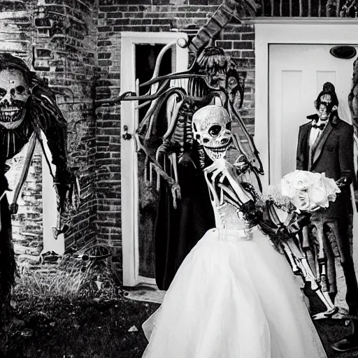 Image similar to a skeleton and a zombie getting married in a house at dawn