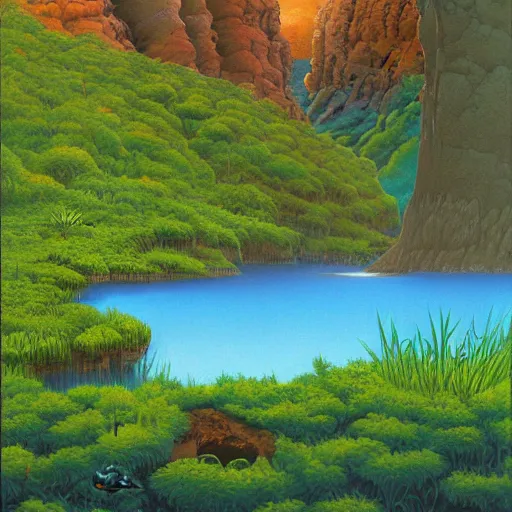 Prompt: painting of a lush natural scene on an alien planet by michael whelan. beautiful landscape. weird vegetation. cliffs and water.