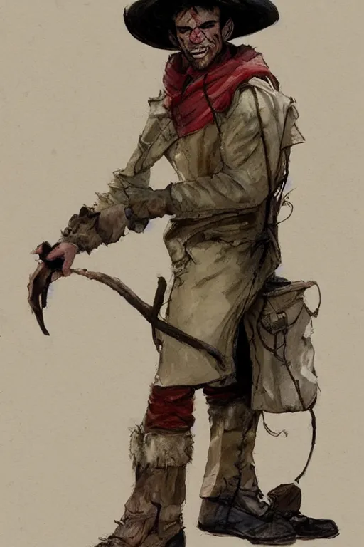 Image similar to character design, reference sheet, 40's adventurer, unshaven, optimistic, stained dirty clothing, straw hat, heavy boots, red jacket, detailed, concept art, realistic, hyperdetailed, , art by Frank Frazetta