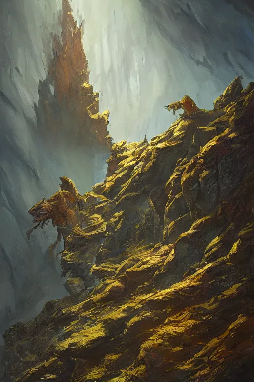 Prompt: cliff of the mire, art by paul wenzel and matt fox and j. p. targete, trending on artstation, dramatic lighting low angle view sacred geometry, oil and canvas, epic fantasy, strong colors, line drawing