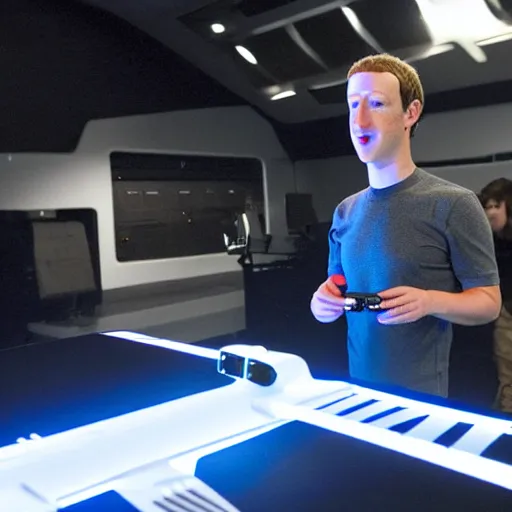 Image similar to mark Zuckerberg piloting an advanced drone from a sci-fi control deck. Glowing lights.