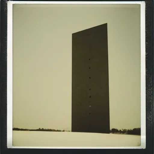 Image similar to impossibly large concrete structure, minimalist architecture, megalophobia, foggy, old polaroid, expired film,