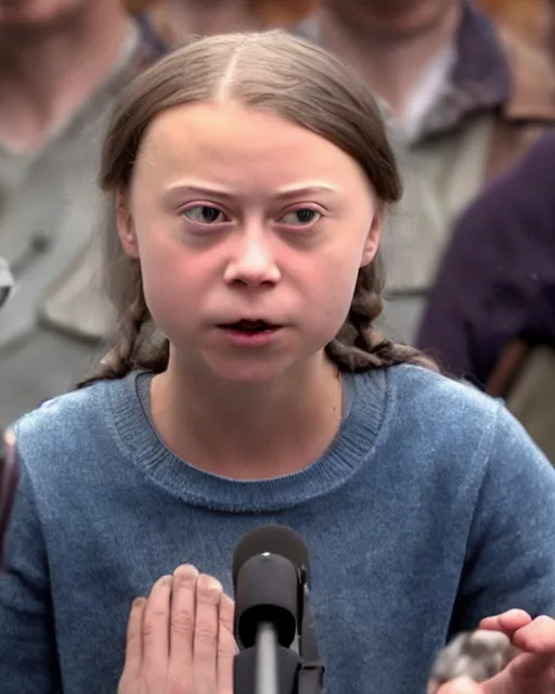 Image similar to film still close - up shot of greta thunberg giving a speech in a train station from the movie brokeback mountain. photographic, photography