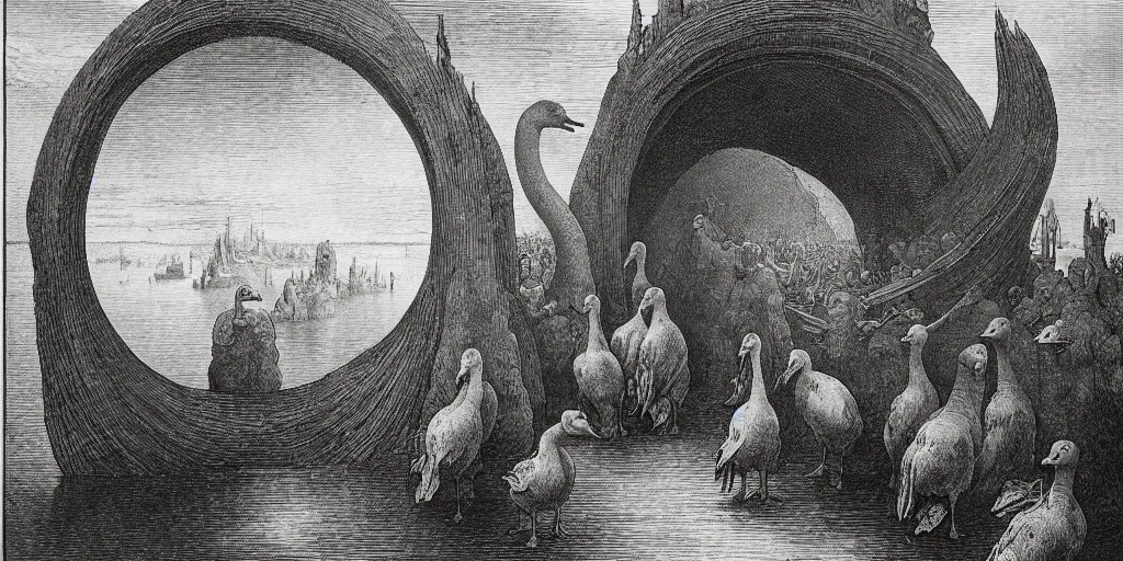 Image similar to gargantuan geese guarding the gates of hell, art by gustave dore, hieronimus bosch