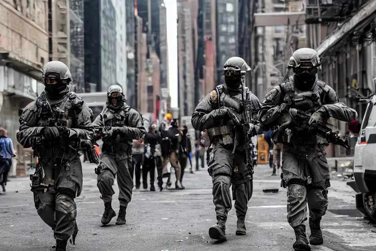 Image similar to Mercenary Special Forces soldiers in grey uniforms with black armored vest and helmets in urban warfare in New York 2022, Canon EOS R3, f/1.4, ISO 200, 1/160s, 8K, RAW, unedited, symmetrical balance, in-frame, combat photography