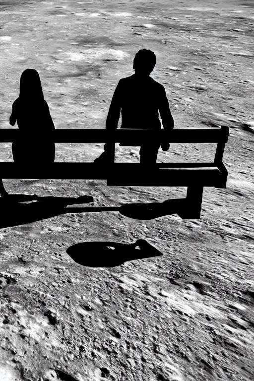 Prompt: Silhouette of a Couple sitting on a bench on the moon with a view of planet earth, photorealistic, high resolution, award winning, trending on artstation.