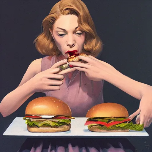 Prompt: artwork costume design: Lauren Bacall eating a massive hamburger, voluptuous sesame seed bun, extra ketchup and pickles and onions . By Greg Rutkowski, Ilya Kuvshinov, WLOP, Stanley Artgerm Lau, Ruan Jia and Fenghua Zhong, trending on ArtStation, made in Maya and Photoshop, octane render, excellent composition, cinematic atmosphere, dynamic dramatic cinematic lighting, aesthetic, very inspirational, arthouse