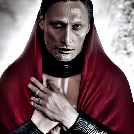 Image similar to mads mikkelsen as a vampire, male, late - 4 0 s aged, shoulder length hair, slicked black hair, red eyes, clean shaven, wearing a cape, regal, royal, grim facial expression, high medieval fantasy, full color digital art, cinematic shot, full body shot.