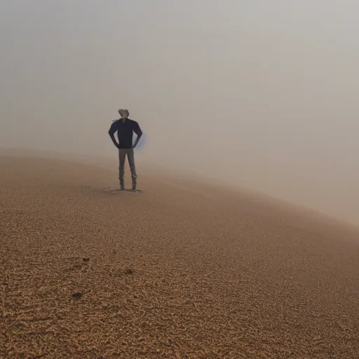 Image similar to man sitting on top peak mountain looking at huge vast sandstorm dust tornado desert