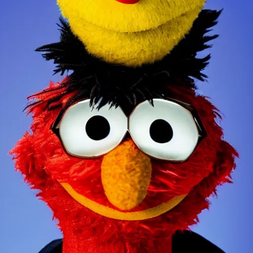 Image similar to a hyperrealistic portrait of the sesame street bert wearing a white lawyer's wig in a courtroom with a black unibrow and a black gawn, fuji film, intricate details. believable eyes. front on, symmetrical. head to shoulders shot.