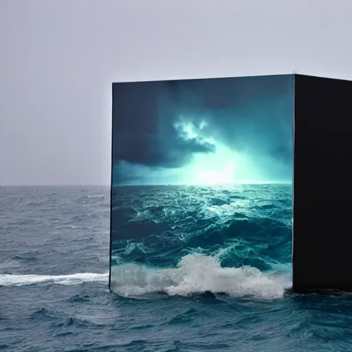 Image similar to a cube in the middle of the sea with images of a tumultuous storm at sea on its sides. in the style of Richard Serra