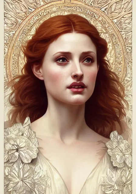 Image similar to sansa angeline jolie gessica chastain teeth, intricate, elegant, highly detailed, digital painting, artstation, concept art, smooth, sharp focus, illustration, art by artgerm and greg rutkowski and alphonse mucha and william - adolphe bouguereau