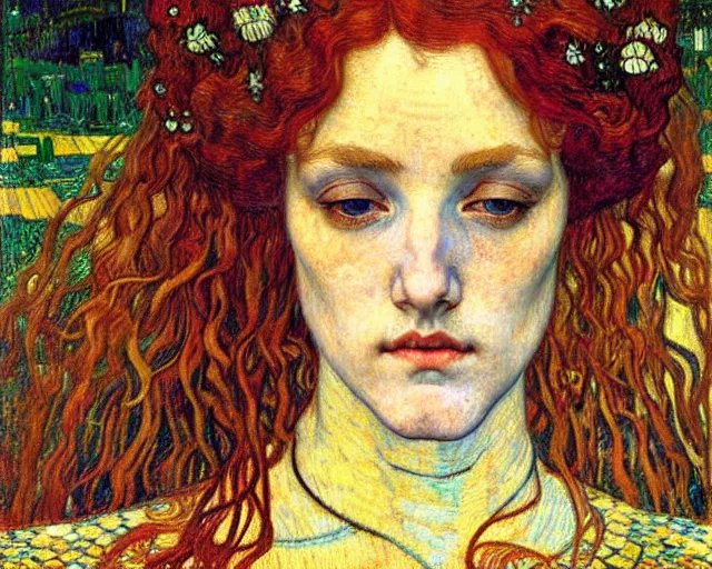 Image similar to detailed realistic beautiful young medieval queen face portrait by jean delville, gustav klimt and vincent van gogh, art nouveau, symbolist, visionary, gothic, pre - raphaelite, muted earthy colors, desaturated